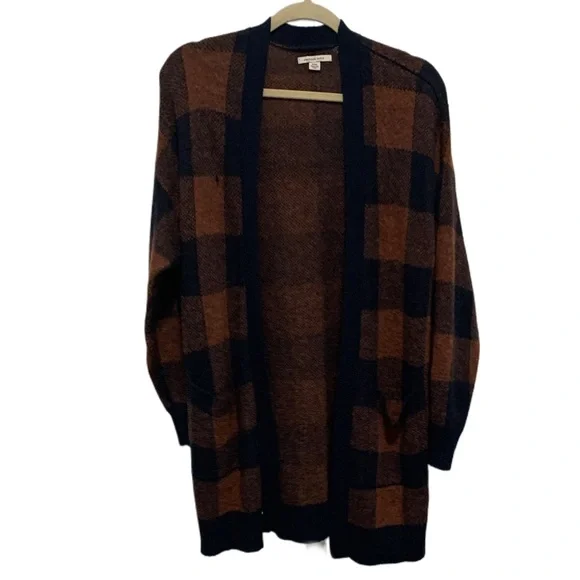 American Eagle Blue Brown Plaid Open Front Oversized Cardigan Sweater